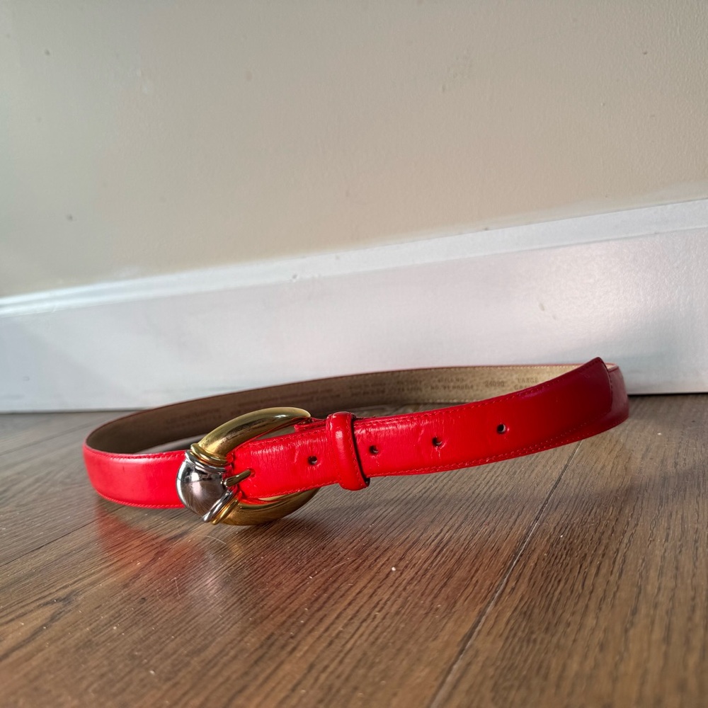 SOLD! Red Leather Belt with Gold Buckle
